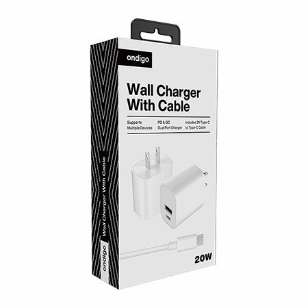 Ondigo 20W Type C PD QC+ USB A Wall Charger w 3ft Type C Cable