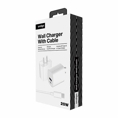 Ondigo 20W Type C PD QC+ USB A Wall Charger w 3ft Type C Cable